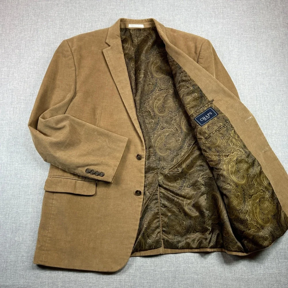 Chaps Corduroy Sport Coat Men 48L Camel Tan Cotton Paisley Lined Blazer Academia